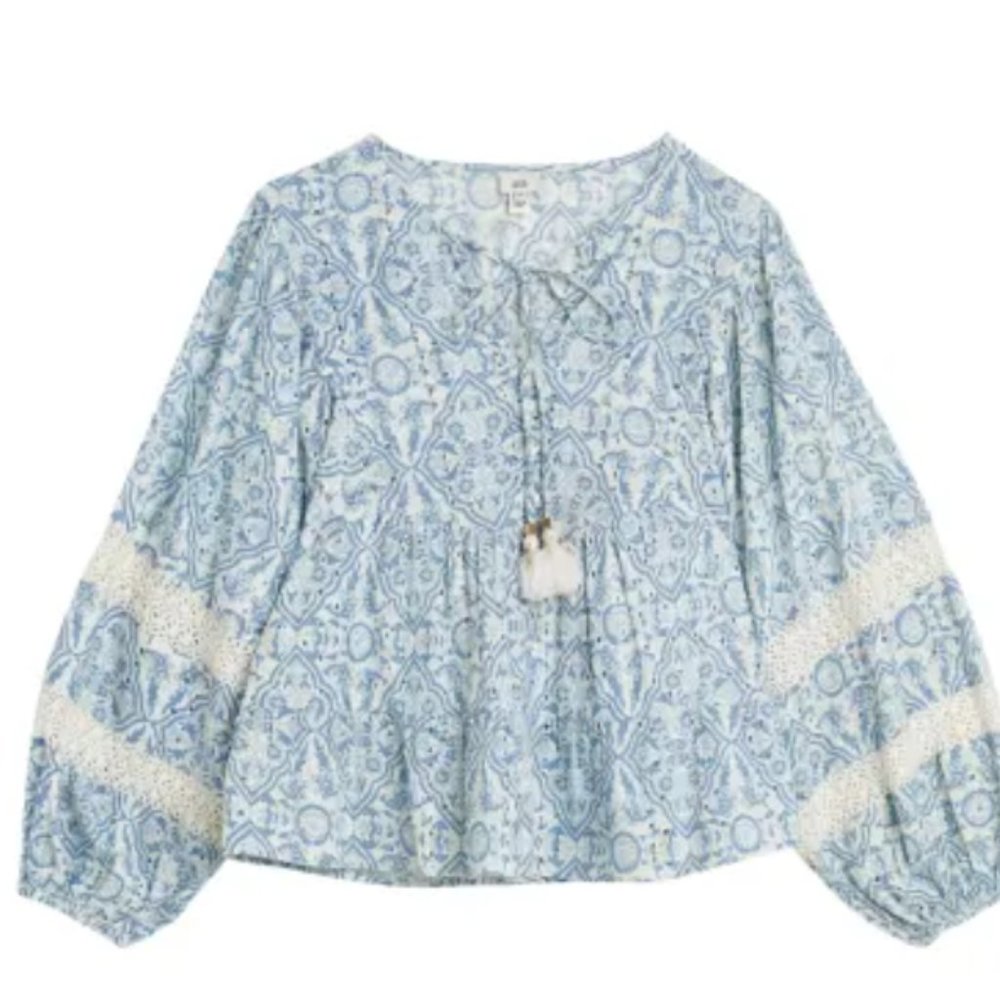 Eyelet Tie Neck Peasant Top